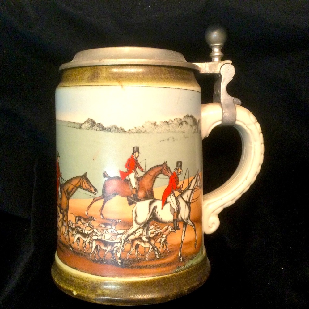 VTG M/R Marzi & Remy German Lidded Beer Stein Pewter The Hunt Fox Hound Germany.